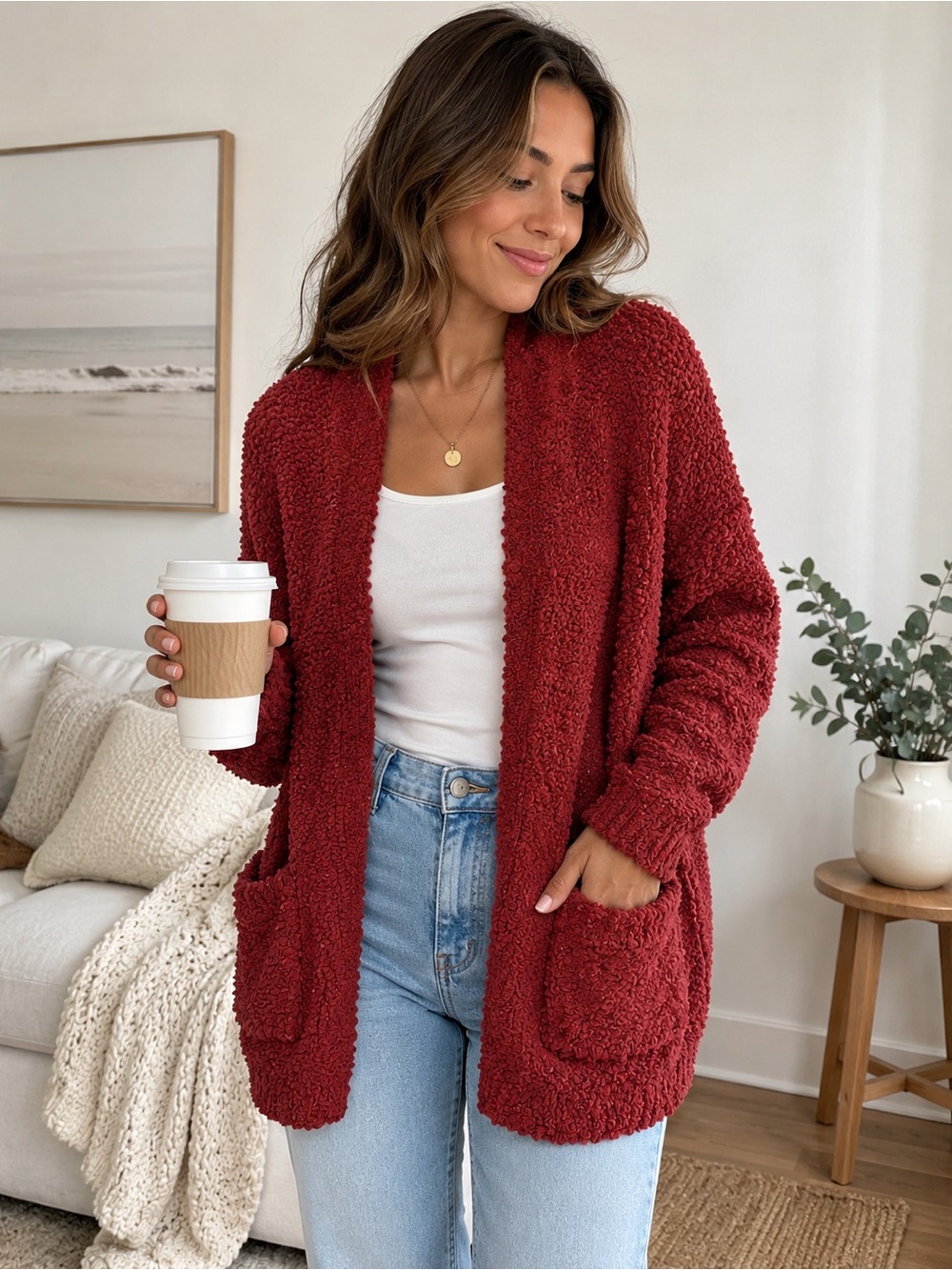 Zenana 1X Rust Popcorn Knit Open Front Cardigan Sweater Pockets Boho Cozy Soft